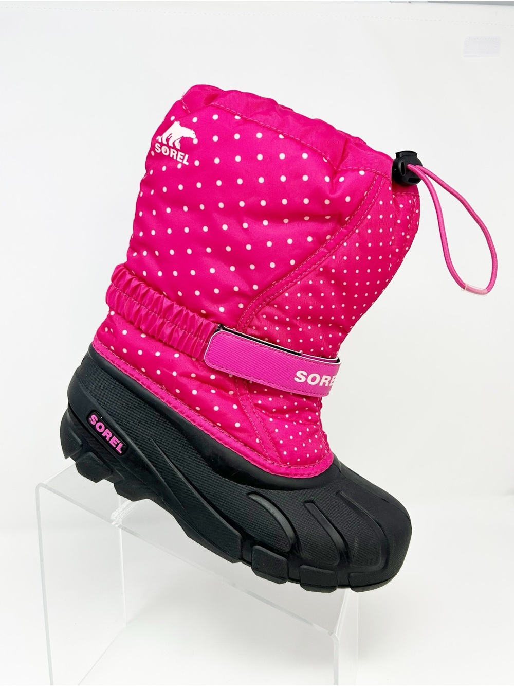 SOREL Flurry Print Snow Boots Girls Pink Polka Dot Waterproof Winter Duck Size 5